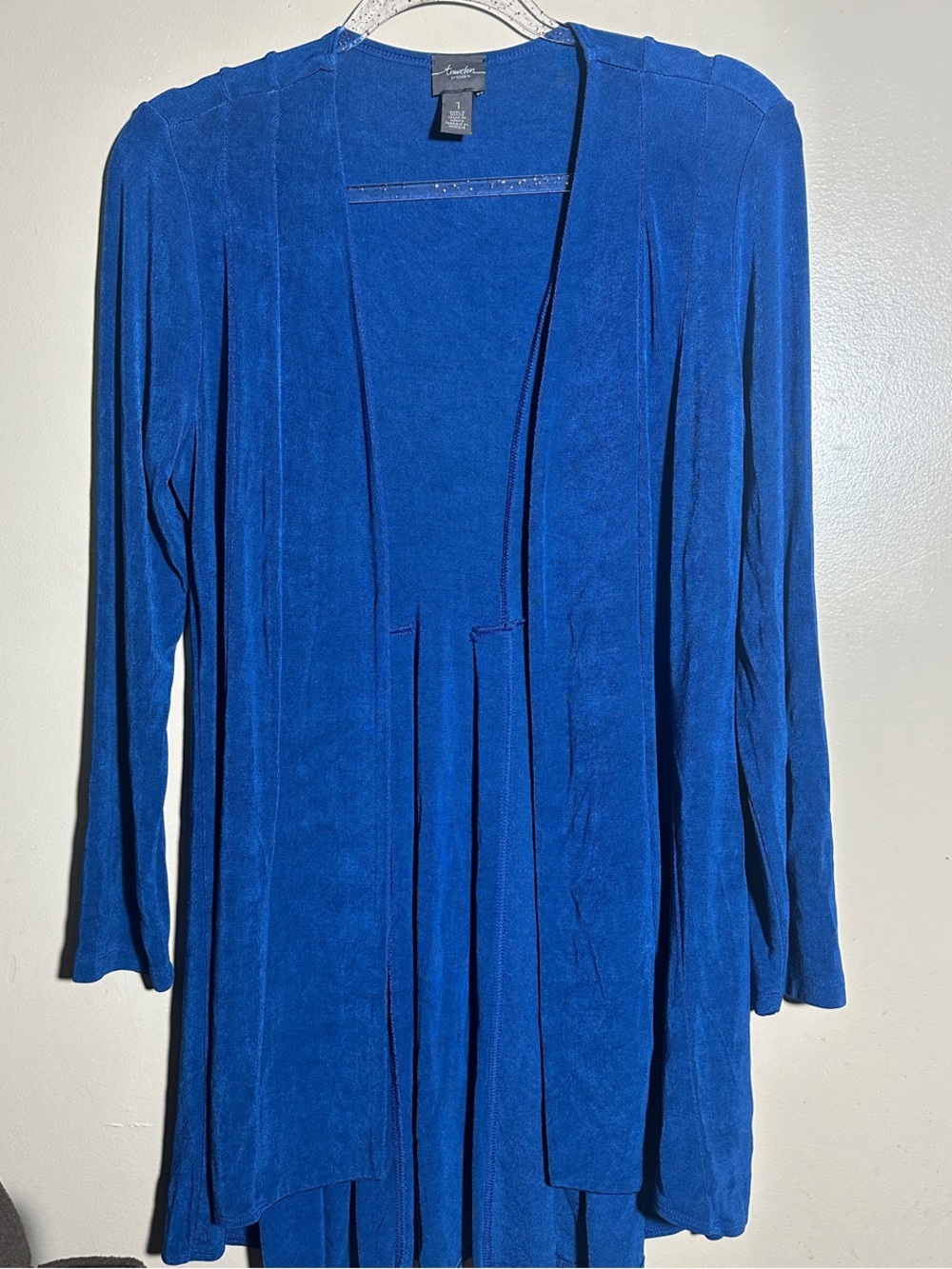 Chicos Travelers Size 1 Blue Slinky Knit Cardigan‎